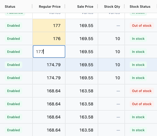Bulk edit WooCommerce products in a spreadsheet grid, with pending price changes highlighted before saving