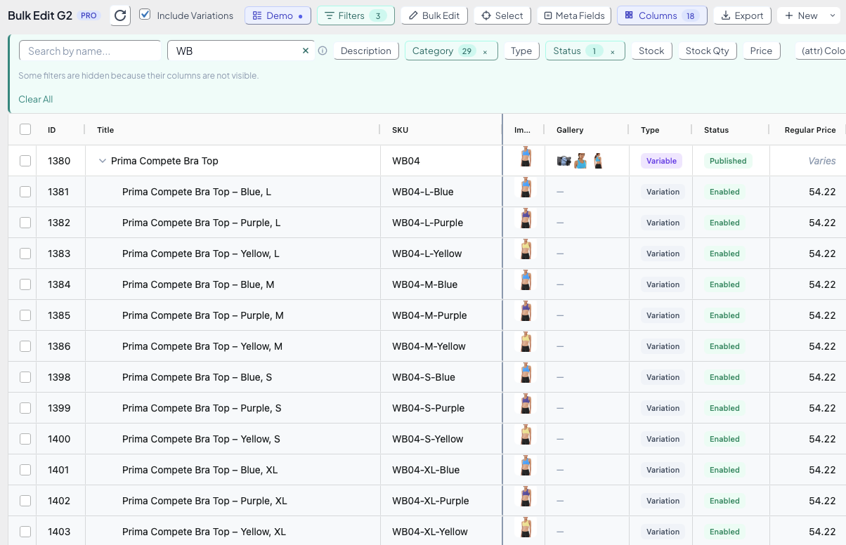 Filter WooCommerce products by category, stock, and price in the bulk edit grid, with filtered product variations