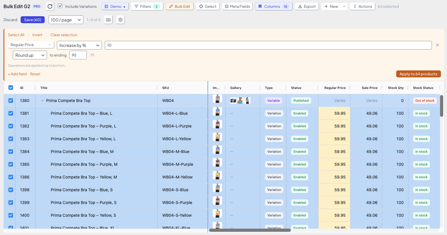 Bulk edit WooCommerce prices by percentage using the bulk operations panel, with selected products ready to update
