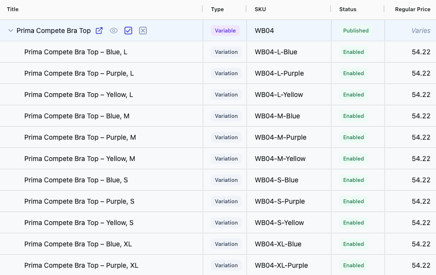 Bulk edit WooCommerce variations with a variable product expanded to show size and color variation rows inline