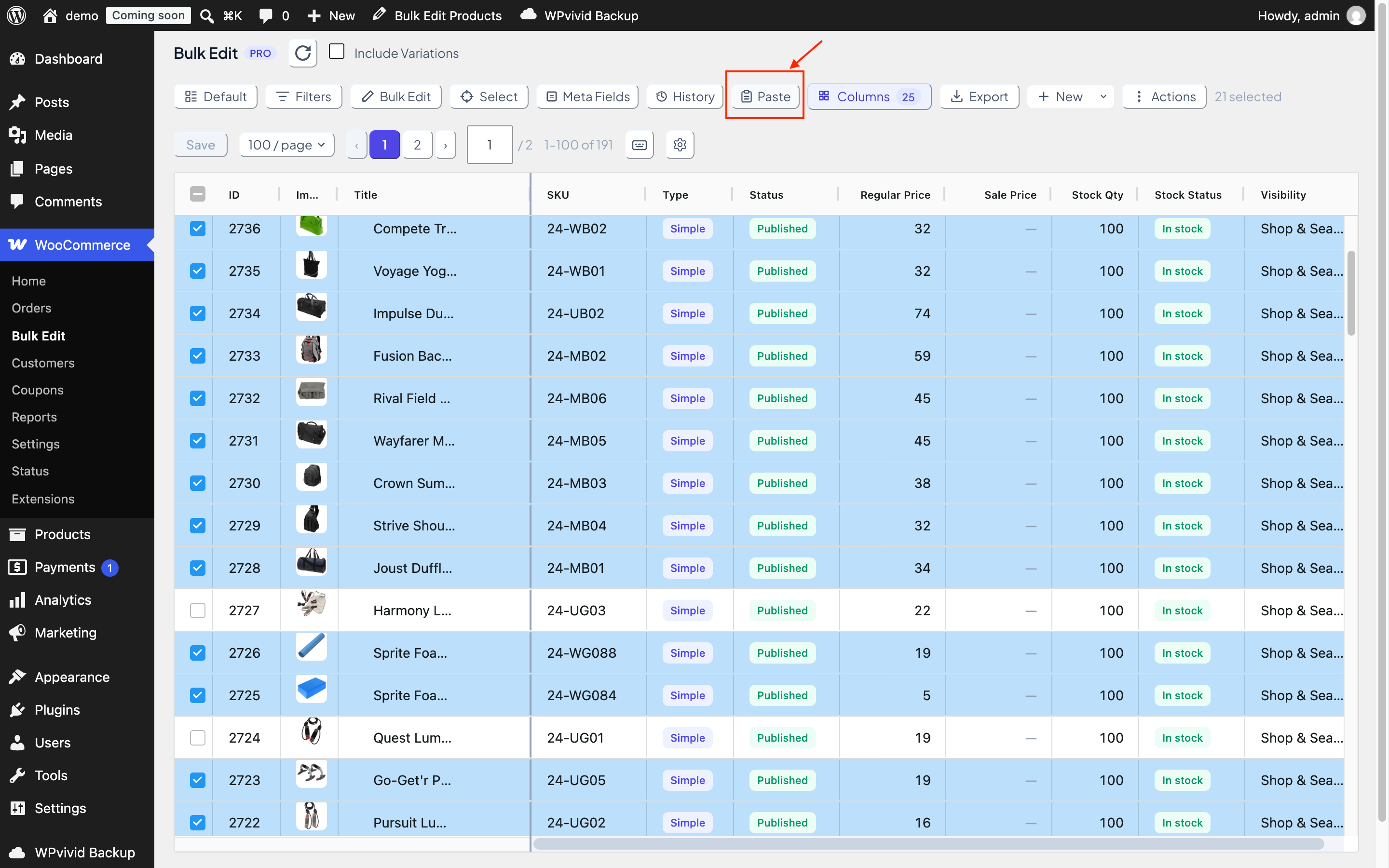 WooCommerce bulk edit toolbar with the Paste button for pasting spreadsheet data