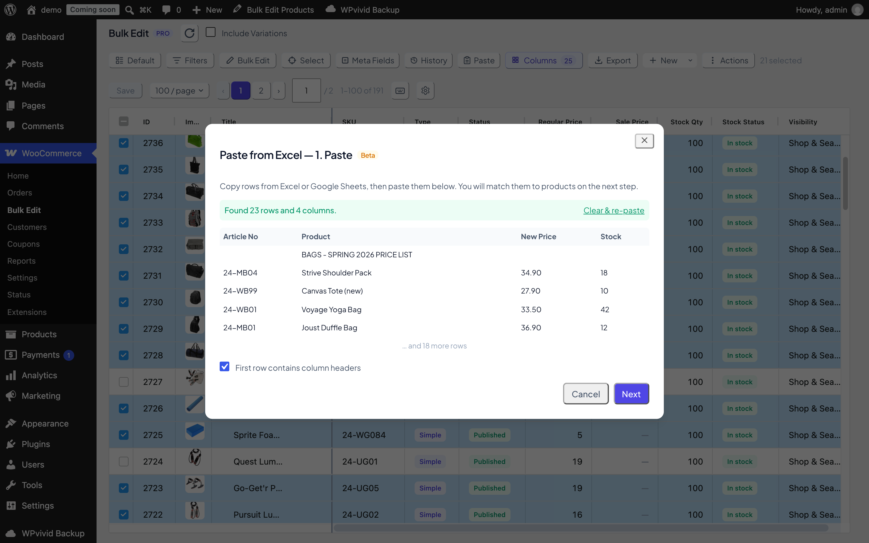 Paste from Excel wizard in WooCommerce showing pasted spreadsheet rows with an instant summary and preview over the bulk edit grid