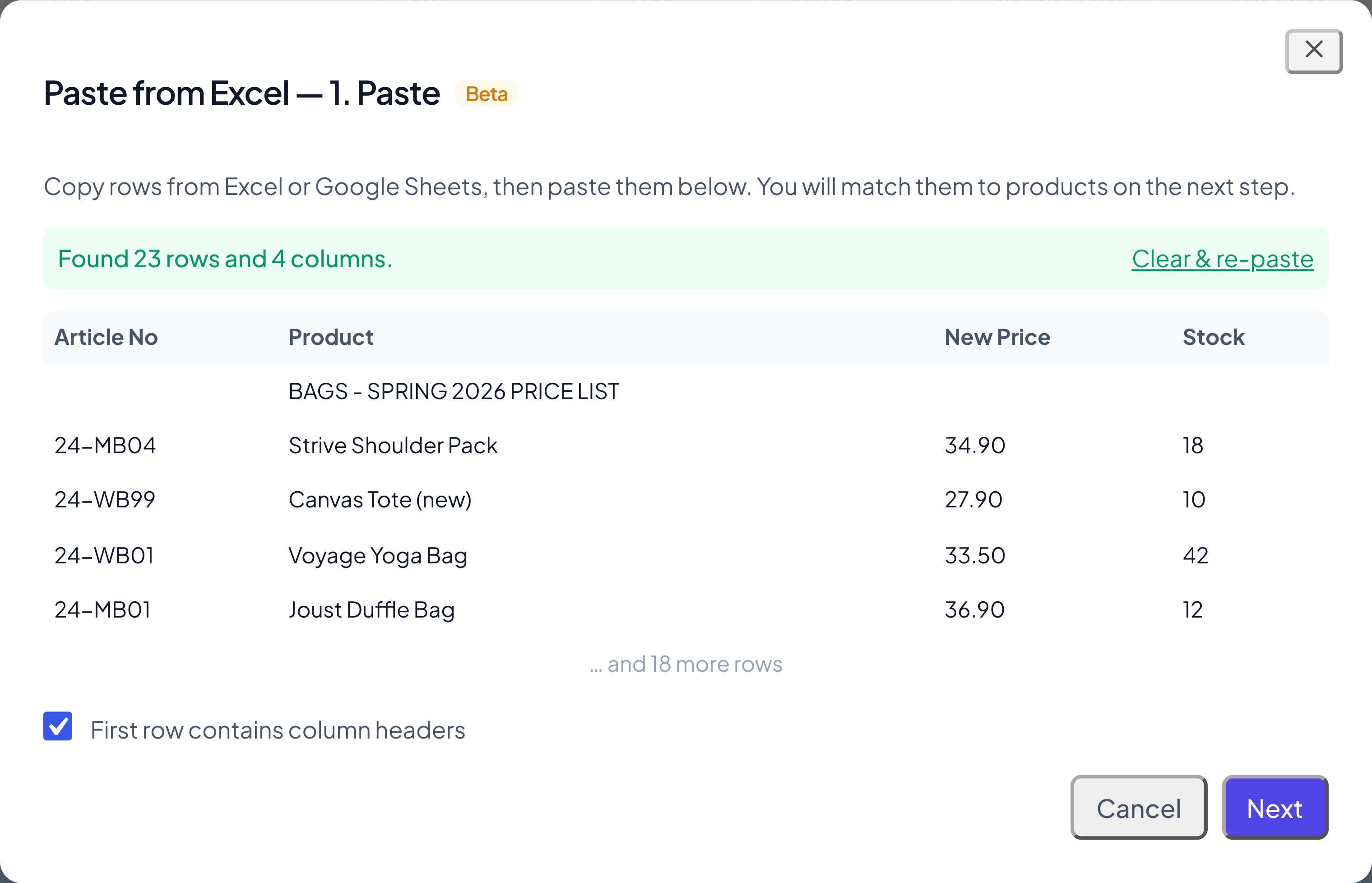 Step 1 of the Paste from Excel wizard with a green summary bar and a preview of the pasted supplier price list