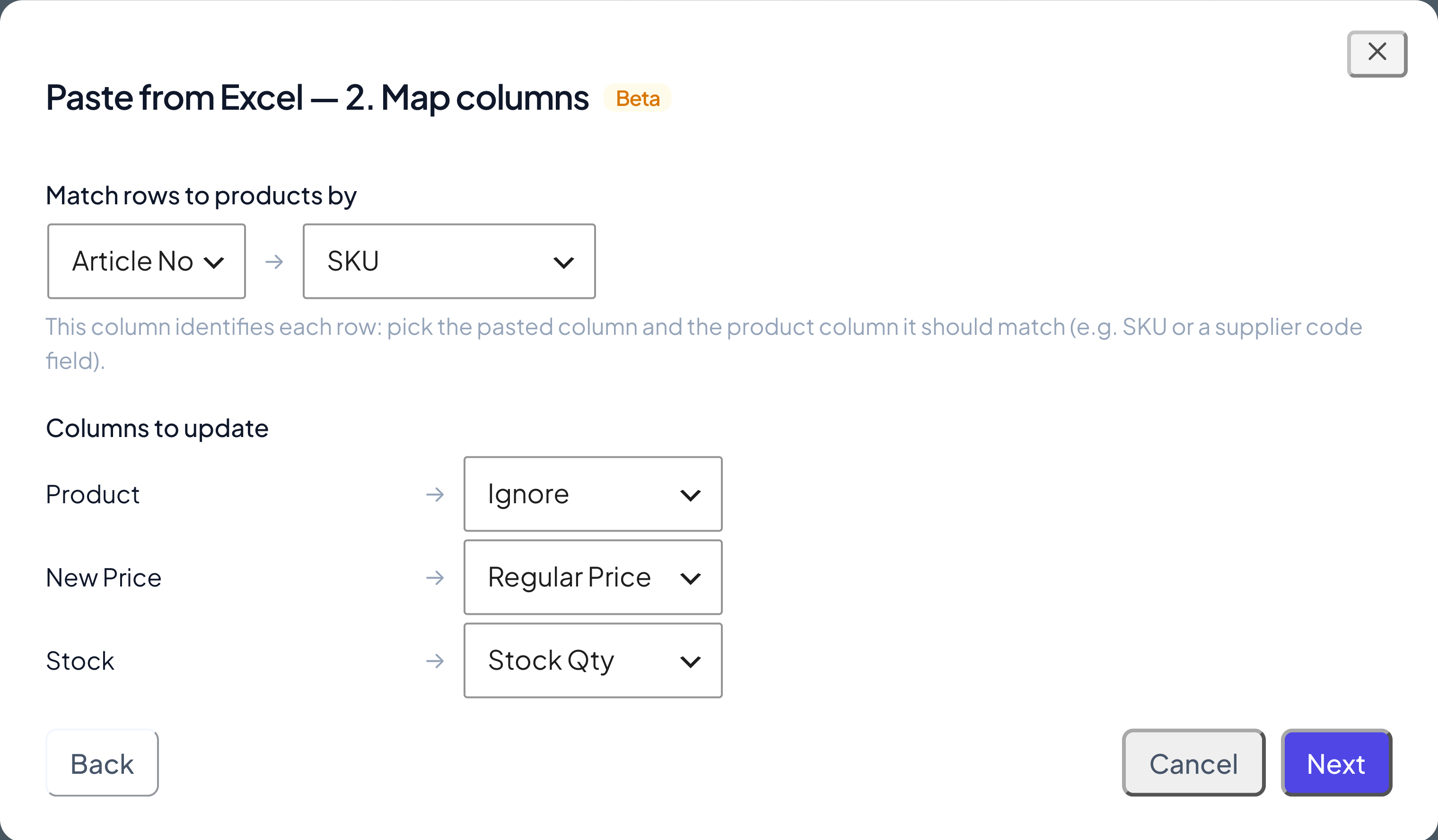 Step 2 of the Paste from Excel wizard mapping an Article No column to SKU and a New Price column to Regular Price
