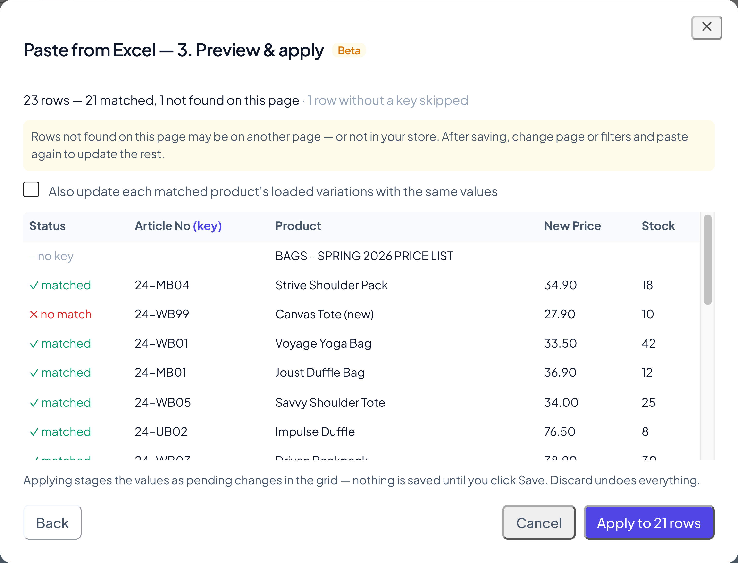 Step 3 of the Paste from Excel wizard previewing matched, unmatched, and skipped rows before applying to WooCommerce products