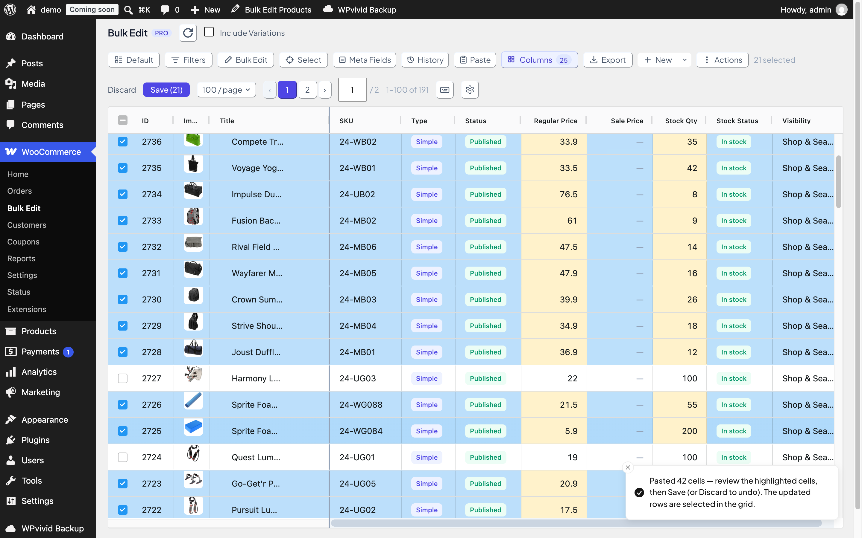 WooCommerce bulk edit grid after applying a paste, with pending price and stock changes highlighted and all updated rows selected