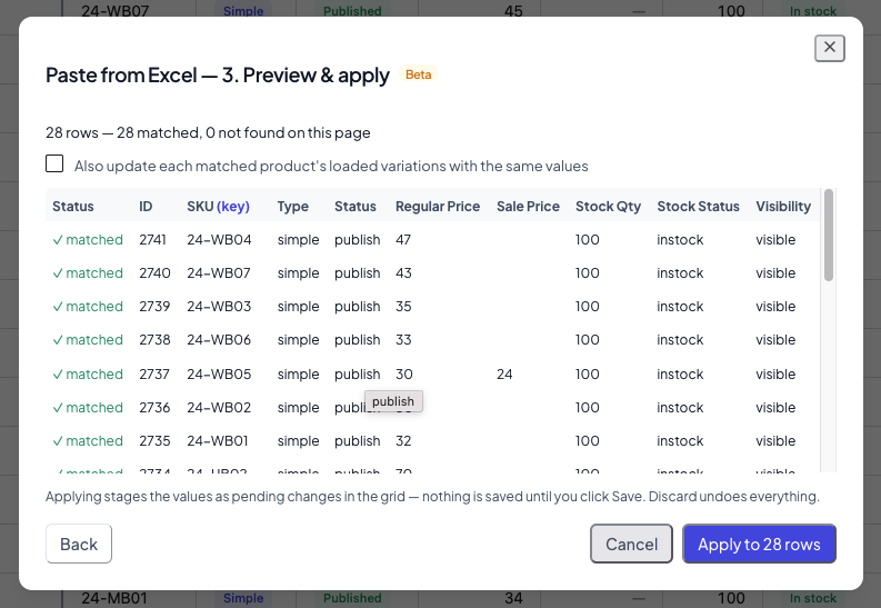 Paste from Excel wizard matching pasted rows to WooCommerce products by SKU before bulk updating prices
