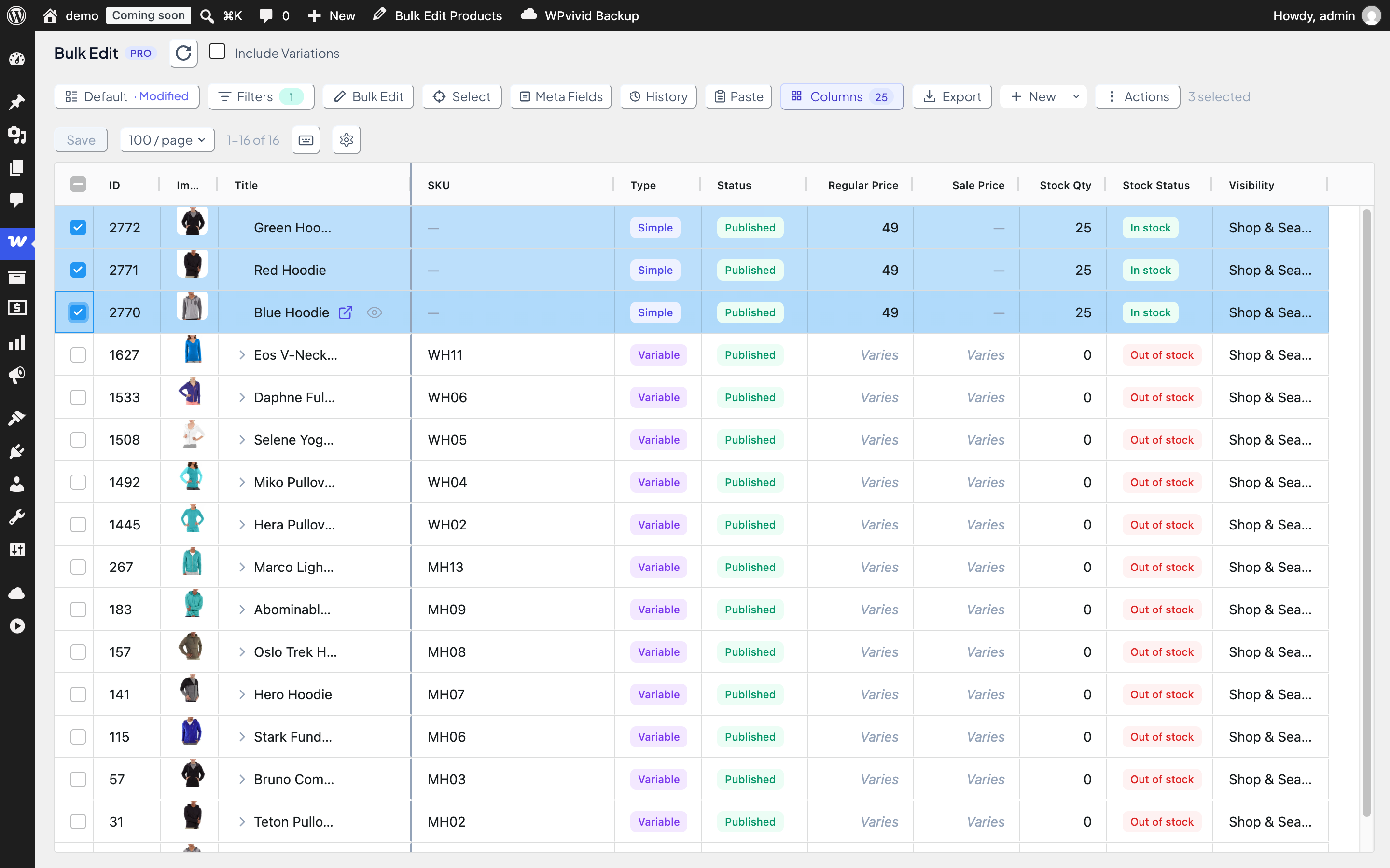 WooCommerce bulk edit grid with three hoodie products selected, SKU column empty, toolbar showing 3 selected