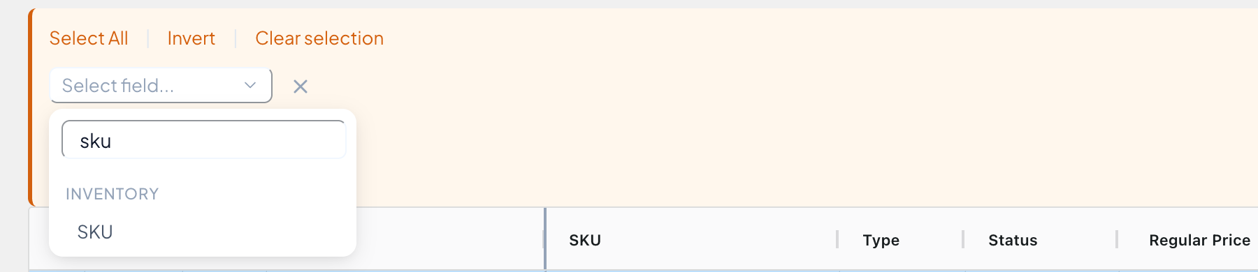 Bulk Edit panel field picker filtered to the SKU field