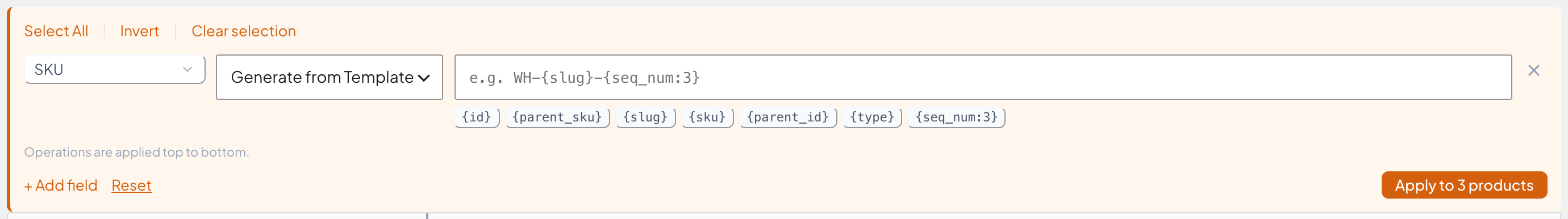 SKU row set to Generate from Template with an empty template input and token pills