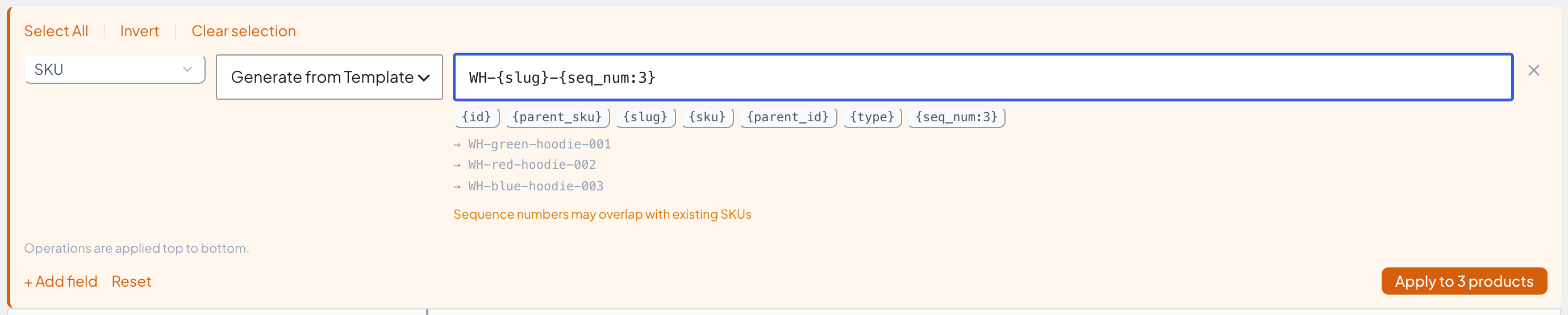 SKU template WH-{slug}-{seq_num:3} with a live preview of the generated SKUs
