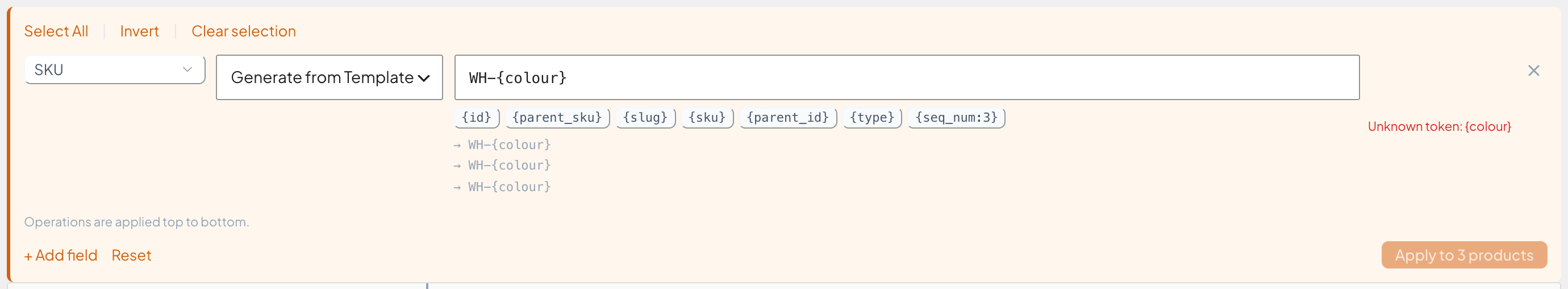 Unknown token error shown after clicking Apply with a mistyped template token