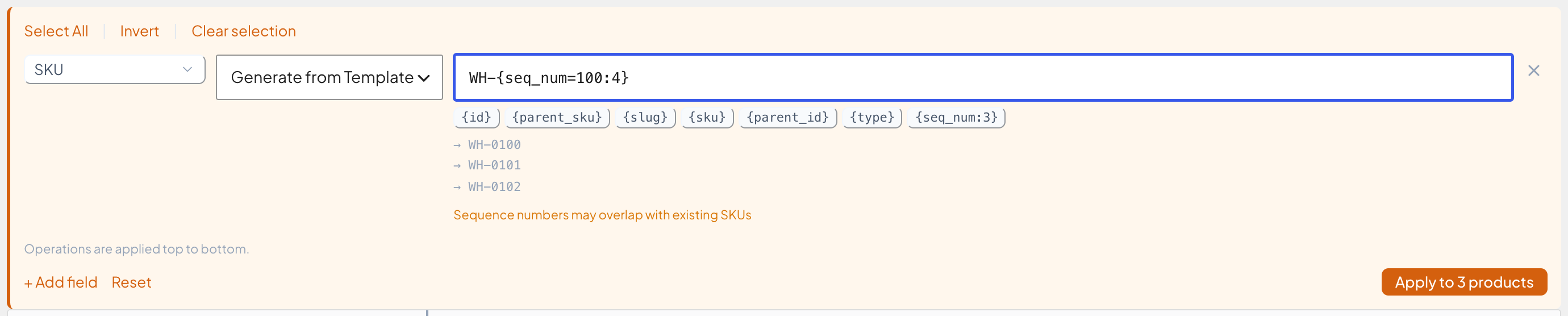 SKU template with a padded sequence number and the overlap warning
