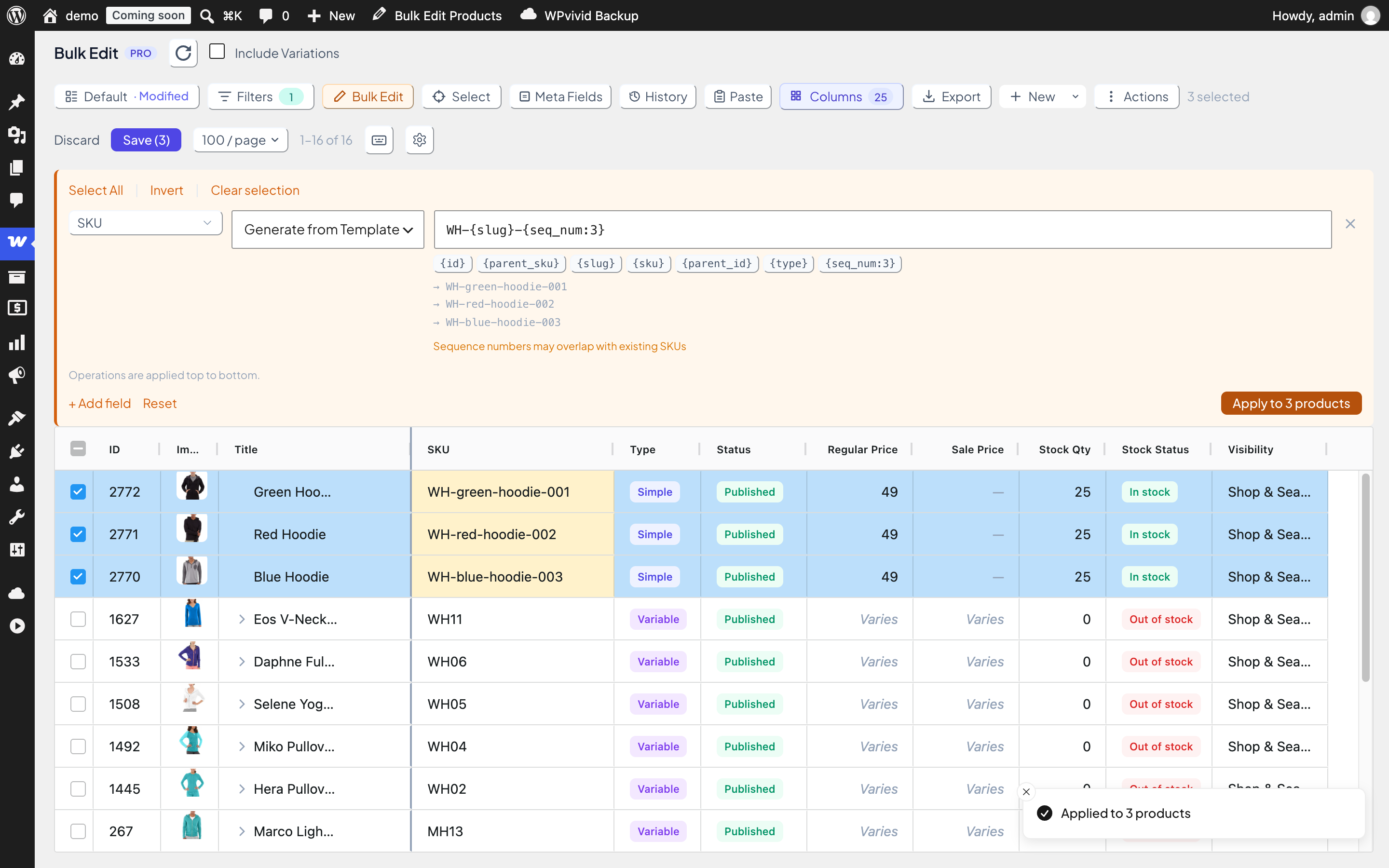 Bulk edit grid after Apply with generated SKUs highlighted as pending changes