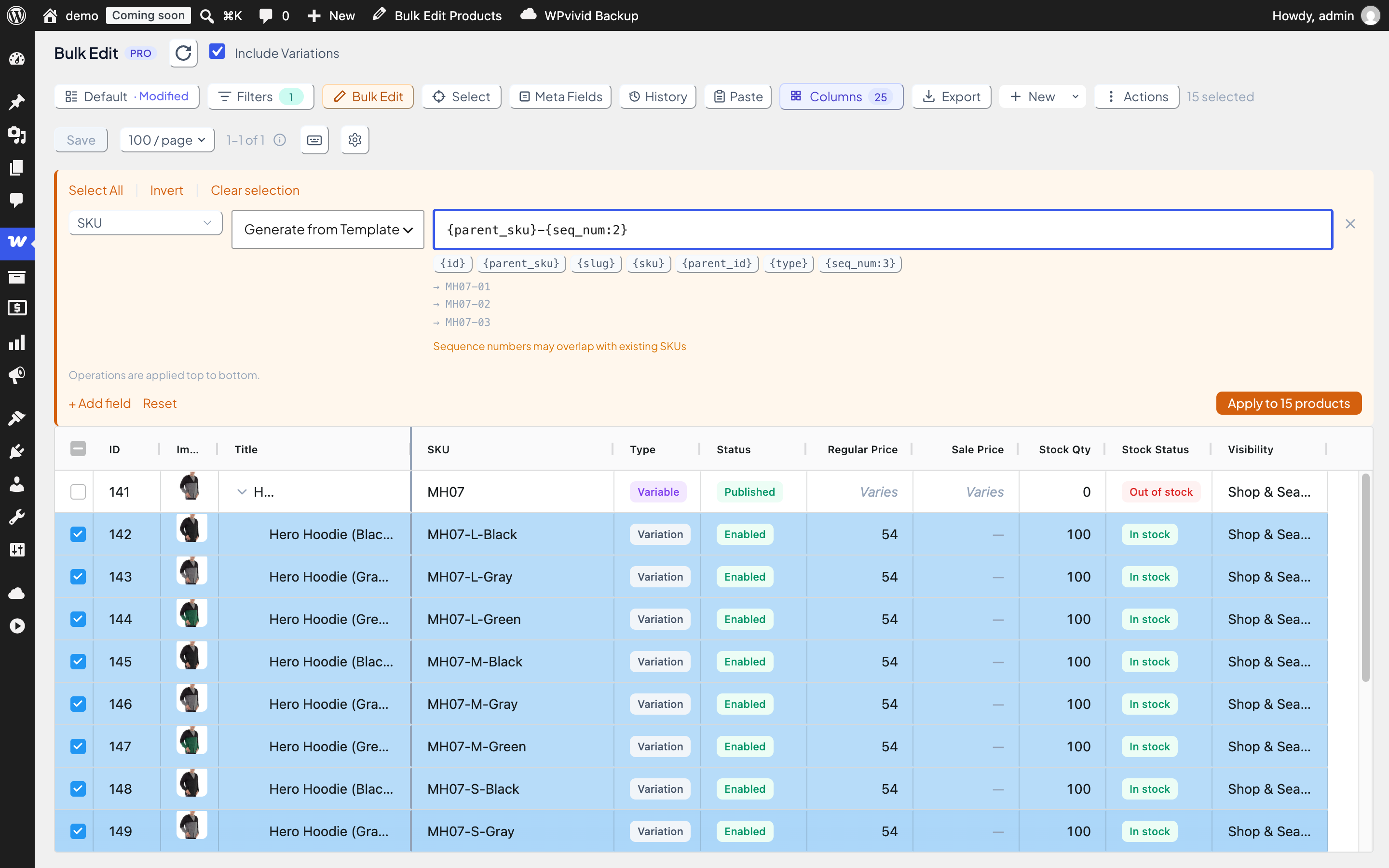 Fifteen variations selected with the {parent_sku}-{seq_num:2} template previewing MH07-01