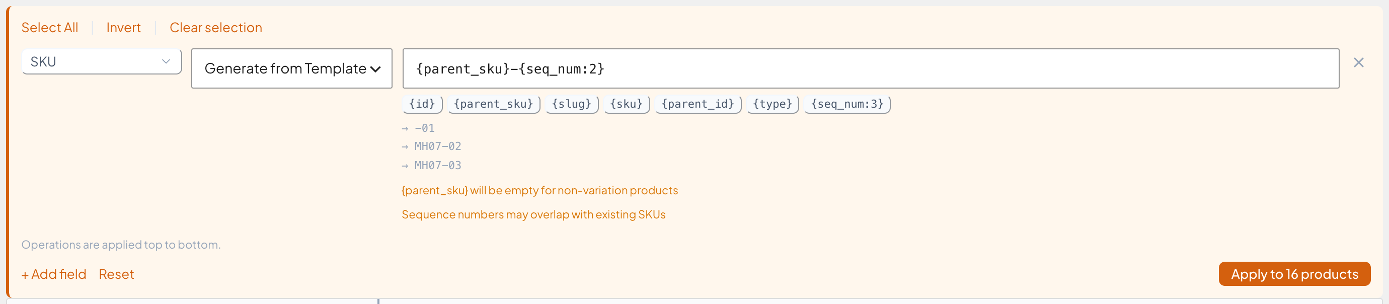 Warning that {parent_sku} will be empty for non-variation products