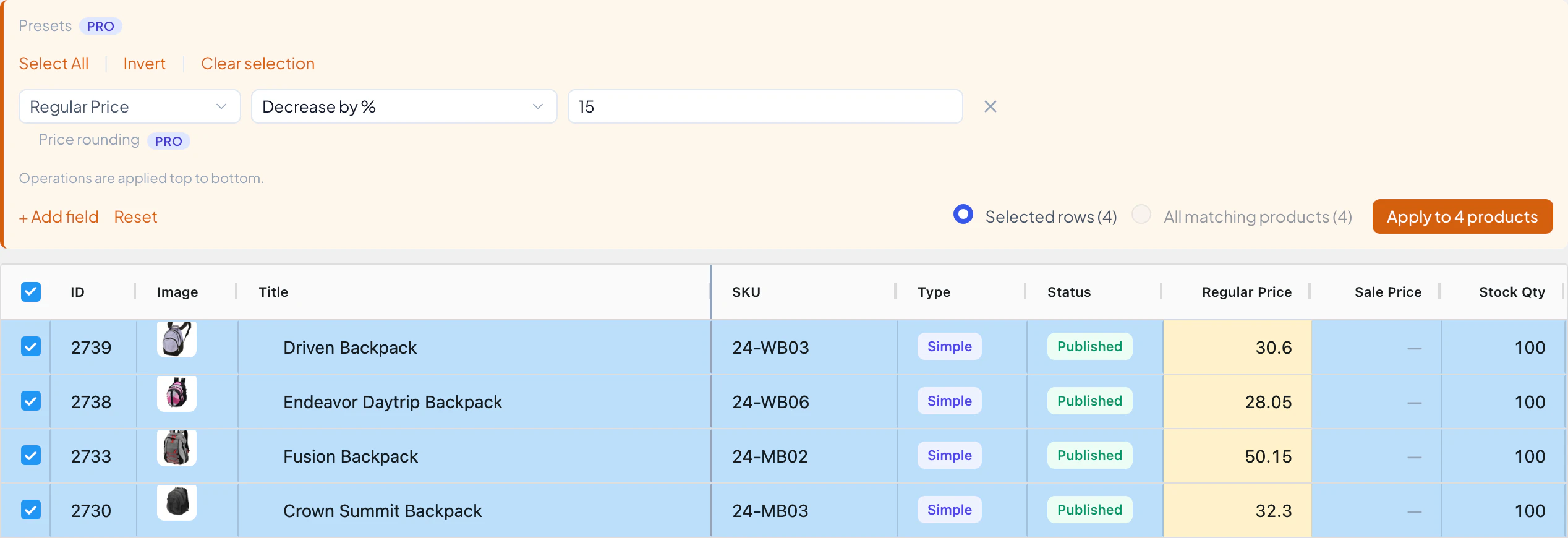 Free Bulk Edit panel in Advanced Bulk Edit decreasing the regular price of four selected backpacks by 15 percent, with the new prices shown in the grid before saving
