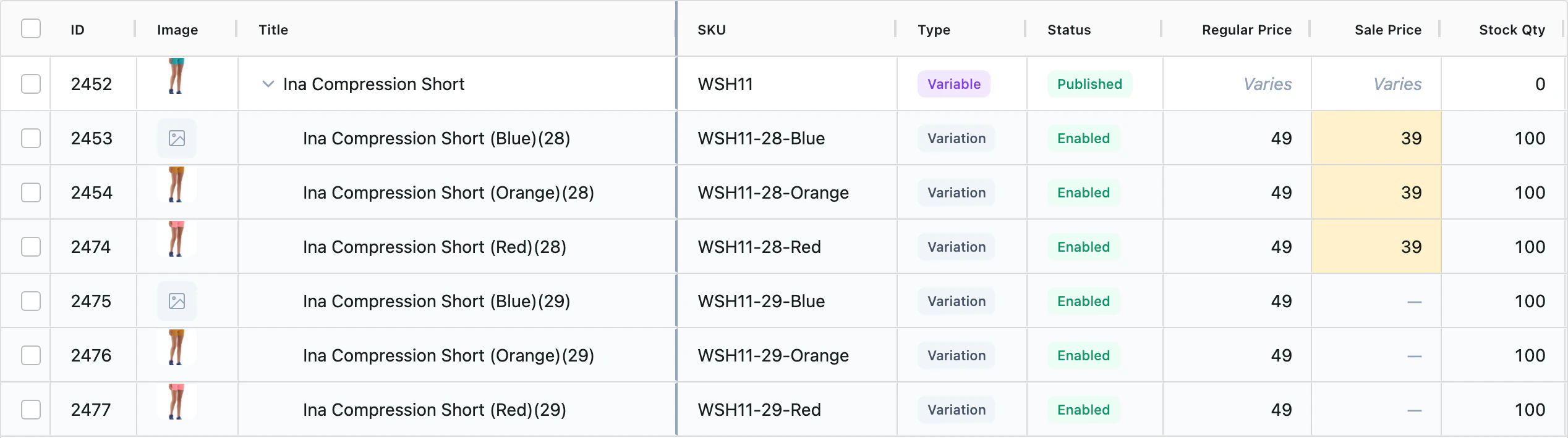 Advanced Bulk Edit product grid with a variable product expanded into its six variations, three sale prices edited and highlighted as unsaved changes