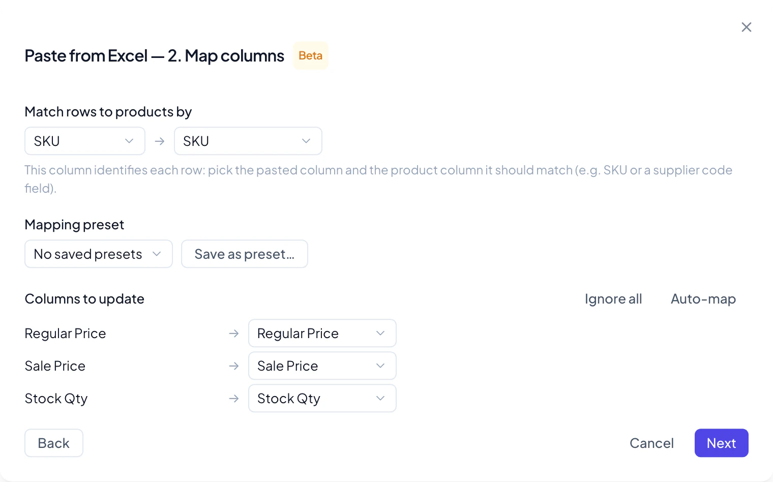 Paste from Excel in Advanced Bulk Edit Pro, matching pasted rows to products by SKU and mapping columns to regular price, sale price and stock quantity