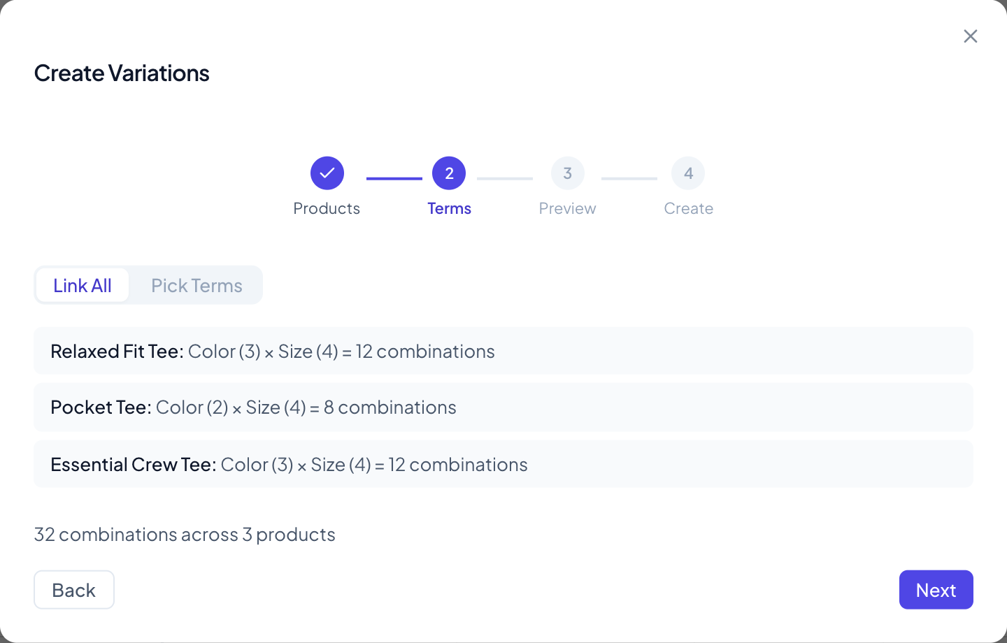 The Terms step on Link All: 12, 8 and 12 combinations, 32 combinations across 3 products