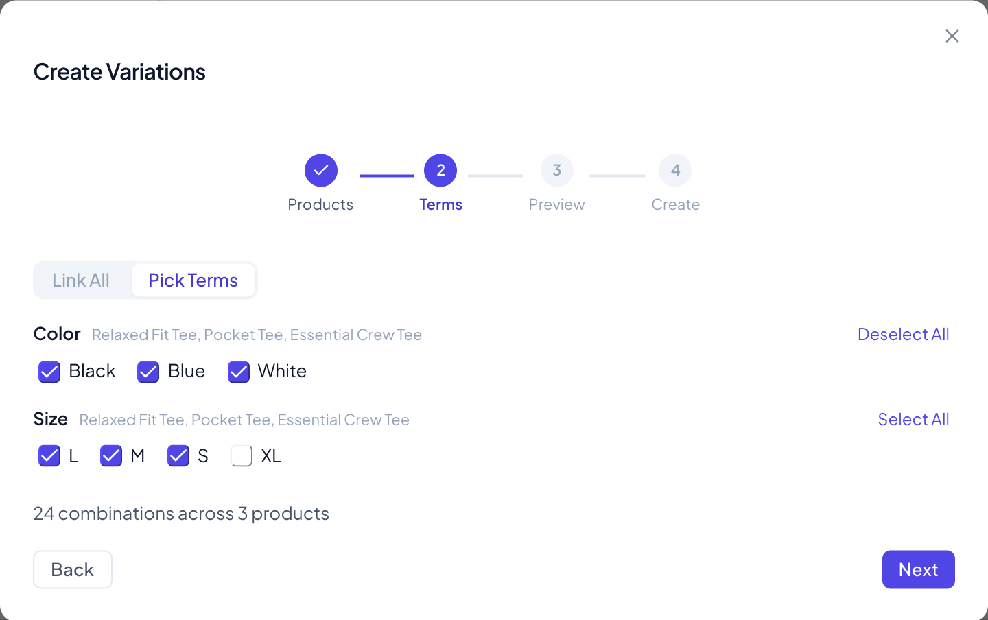 The Terms step on Pick Terms: Black, Blue and White ticked, S, M and L ticked, XL unticked, 24 combinations across 3 products