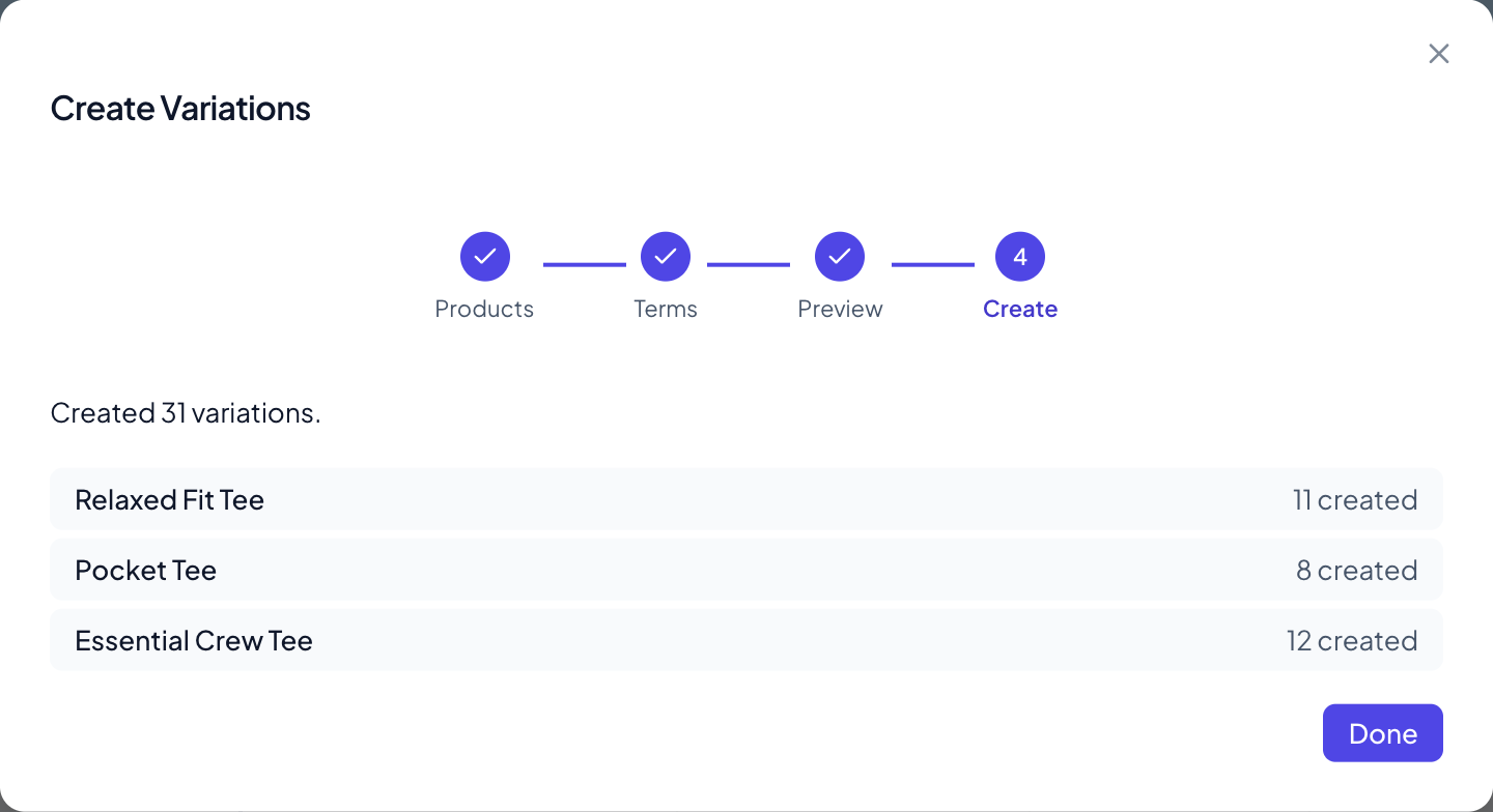 The Create step: Created 31 variations, with 11, 8 and 12 created per product