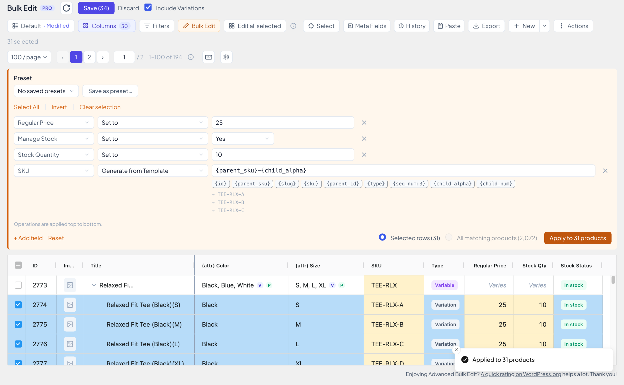 The Bulk Edit panel with Regular Price 25, Manage Stock Yes, Stock Quantity 10 and the SKU template, and the variations with SKUs TEE-RLX-A, TEE-RLX-B, price 25 and stock 10 in yellow
