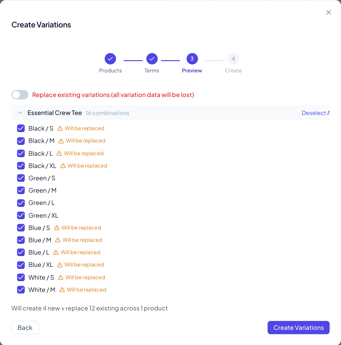The Preview step with the switch off: Replace existing variations (all variation data will be lost), and the existing combinations marked Will be replaced