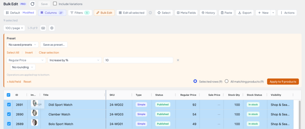 The Bulk Edit panel set to Regular Price, Increase by %, 10, with Selected rows (9) chosen