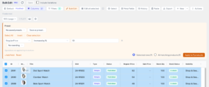The Bulk Edit panel set to Regular Price, Increase by %, 10, with Selected rows (9) chosen