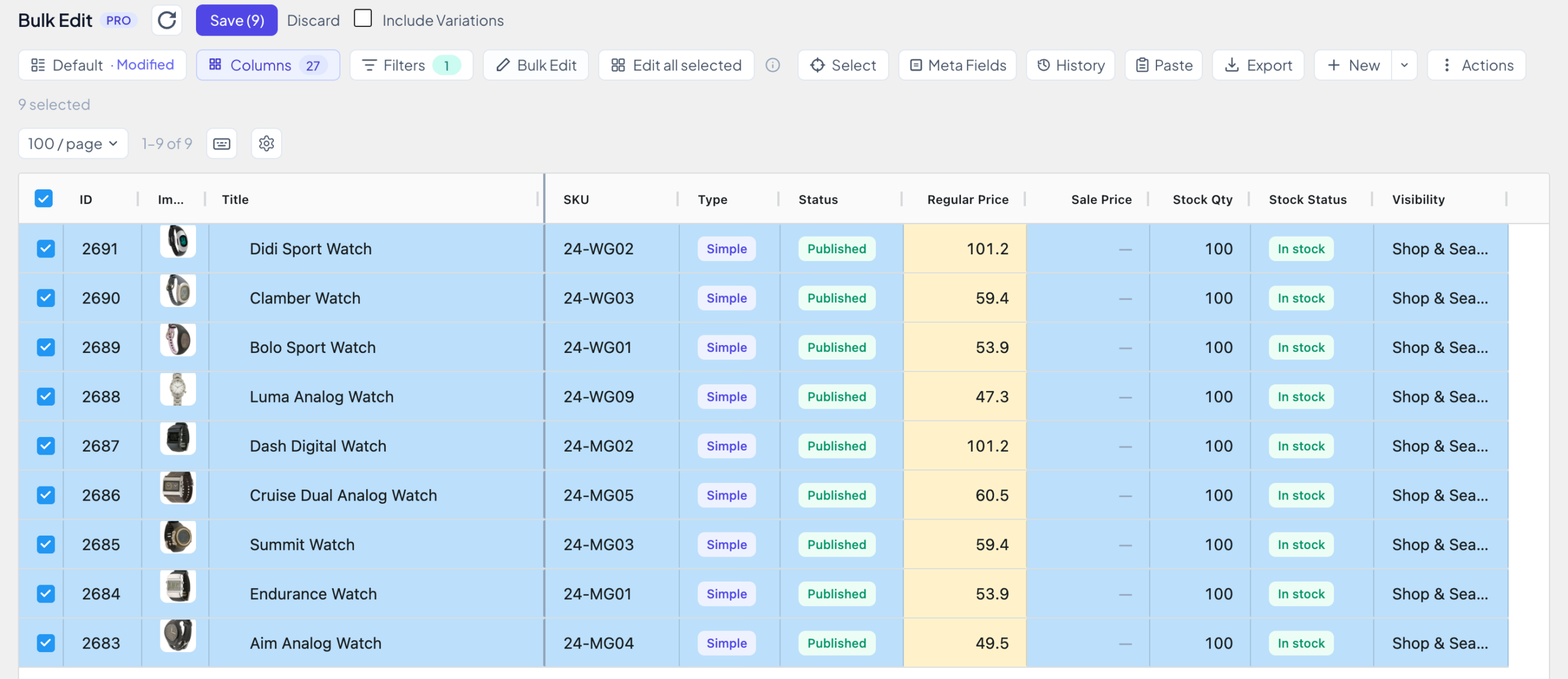 The Regular Price cells highlighted in yellow with the new prices, Save (9) in the toolbar