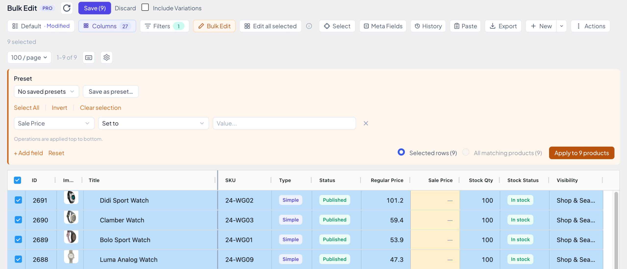 Sale Price, Set to, with an empty value, and the Sale Price cells cleared