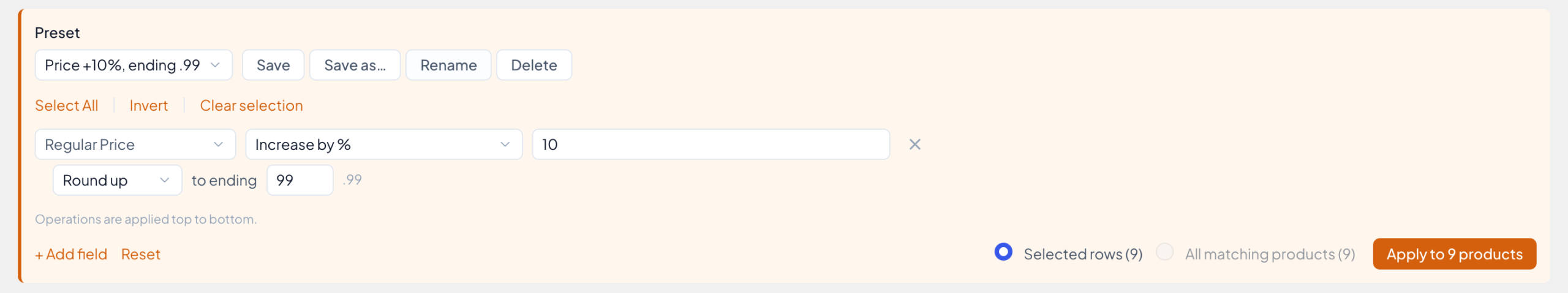 The Preset list showing Price +10%, ending .99, with the Save, Save as…, Rename and Delete buttons