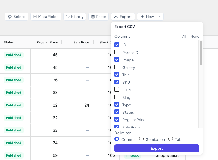 The Export CSV popover with the column list and the delimiter choice