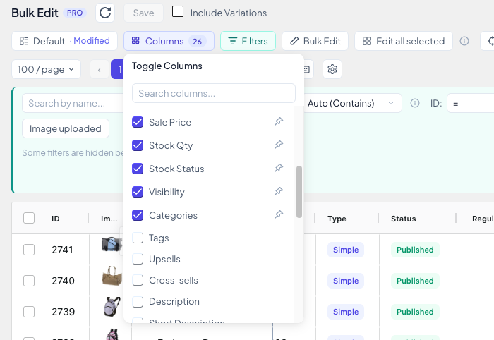 The Toggle Columns list with Categories ticked