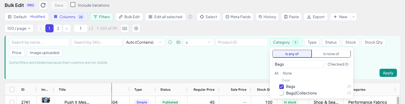 The Category filter with Bags ticked
