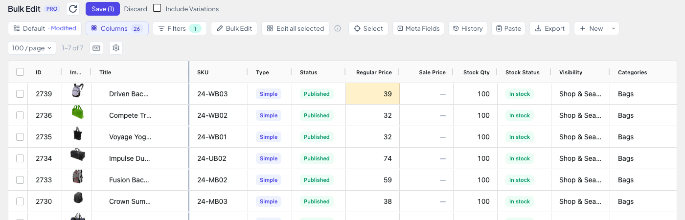 The edited price cell highlighted in yellow, Save (1) in the toolbar