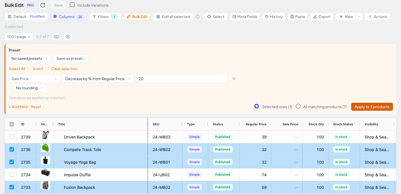 The Bulk Edit panel set to Sale Price, Decrease by % from Regular Price, 20, Selected rows (3)