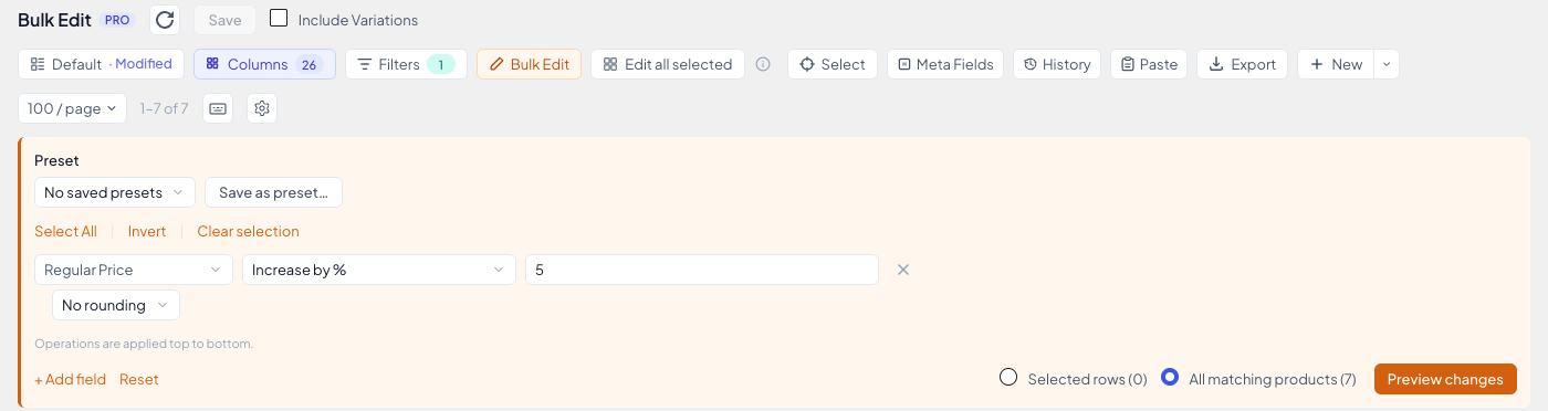 The Bulk Edit panel set to All matching products (7), with the Preview changes button