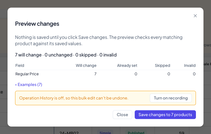 The Preview changes dialog: 7 will change, 0 unchanged, 0 skipped, 0 invalid