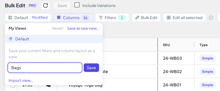 The My Views menu with the name Bags typed in